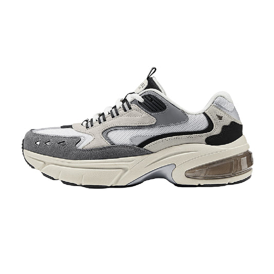 Leather shoes, gray and white lace-up sneaker with black accents and chunky sole.