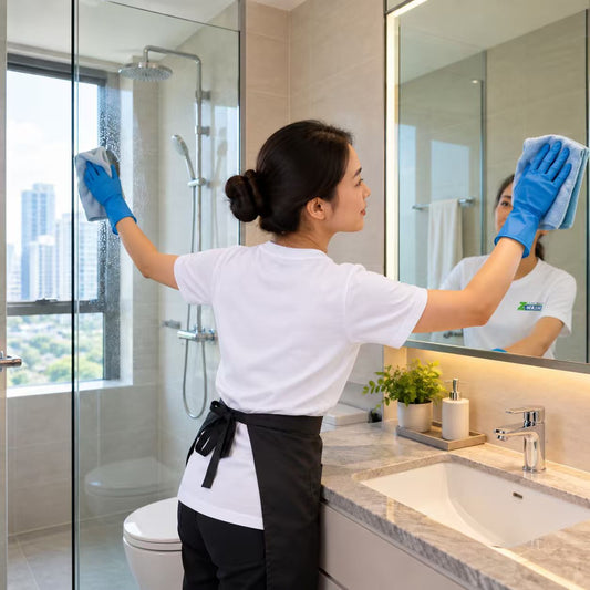 Home cleaning worker polishing bathroom mirror with blue gloves, black apron