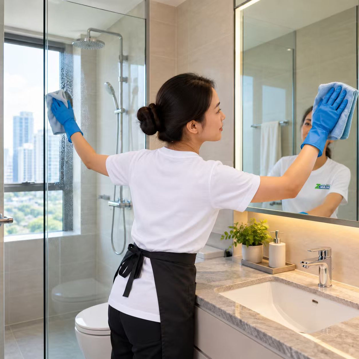 Home cleaning worker polishing bathroom mirror with blue gloves, black apron