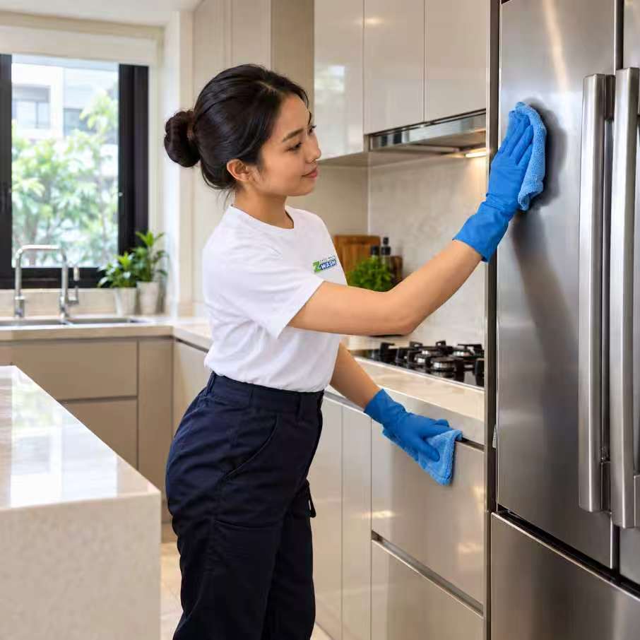 Home cleaning worker wiping refrigerator door with blue gloves, white shirt and apron