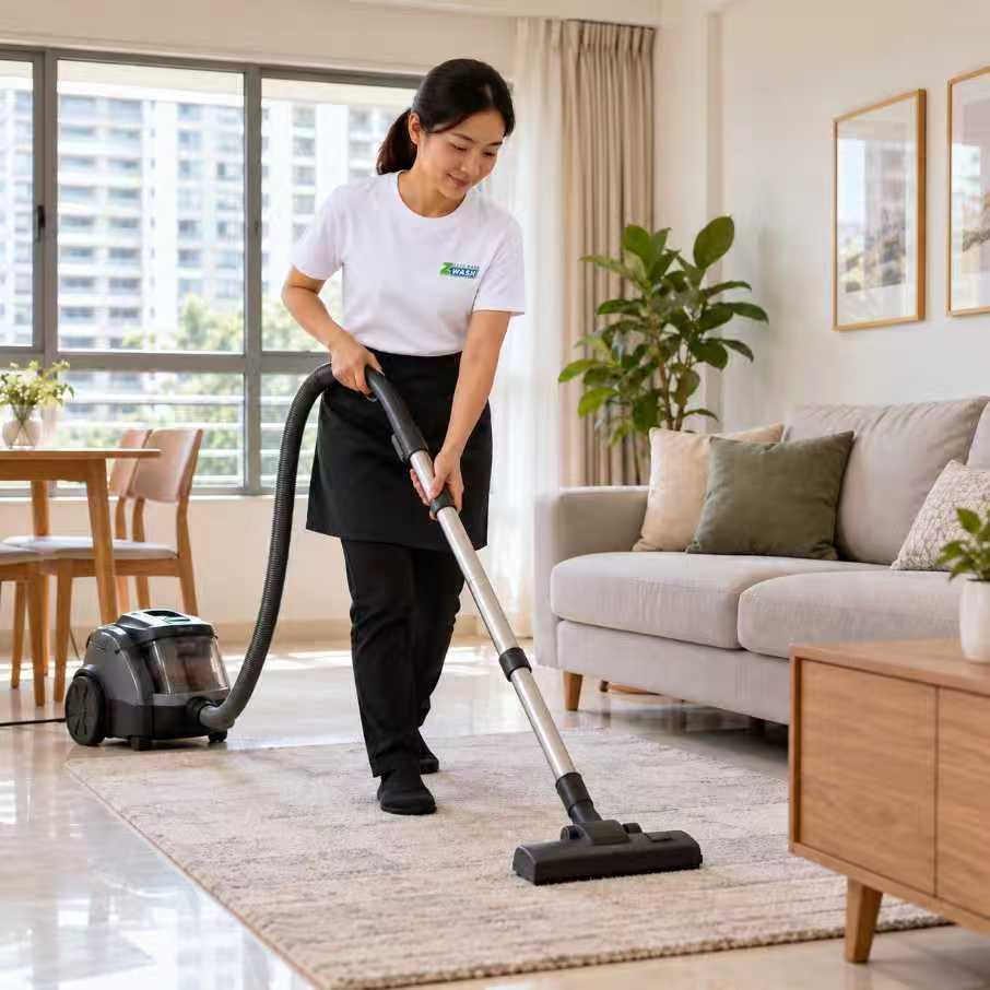 Home cleaning worker vacuuming carpet with upright vacuum, white shirt and black apron