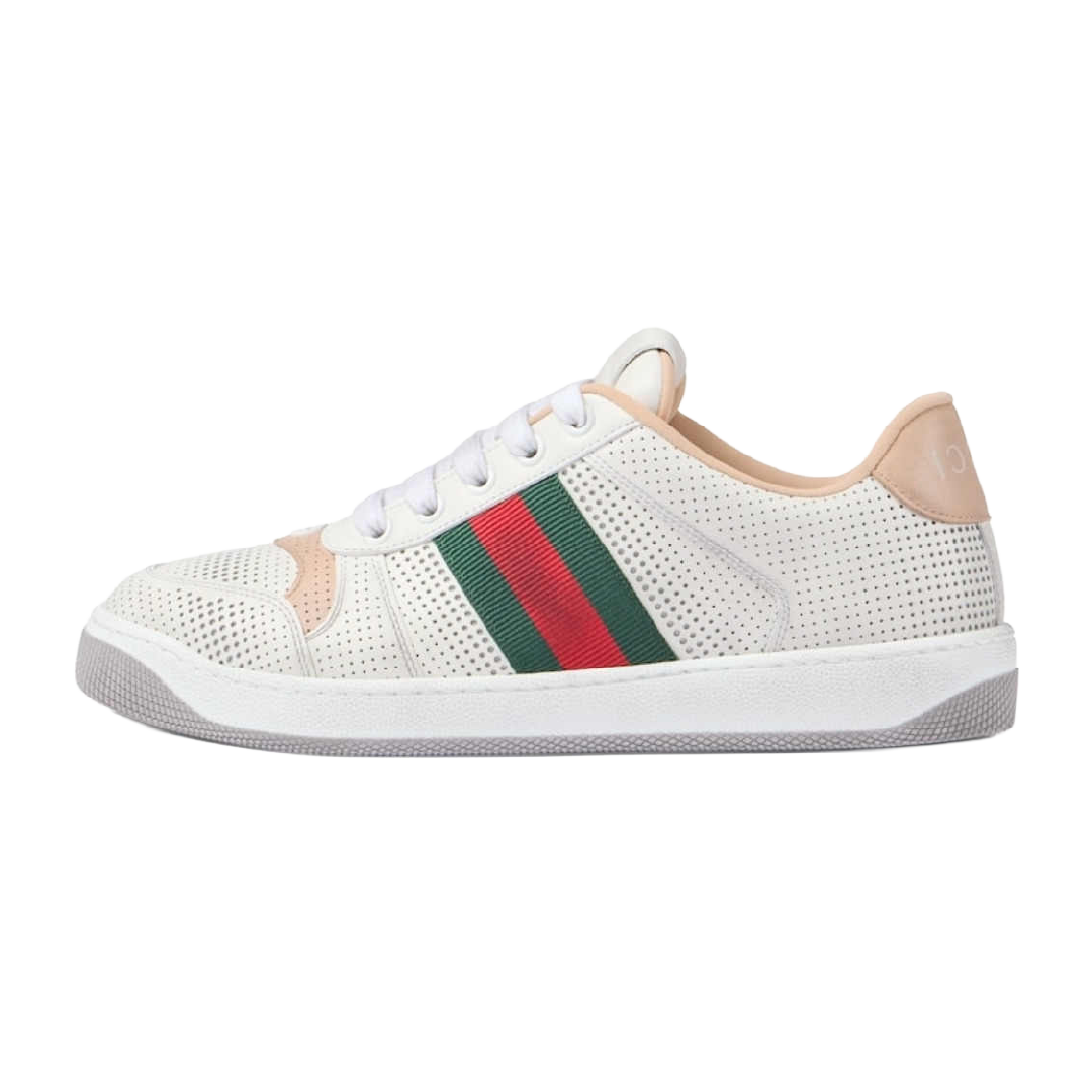 White perforated lace-up sneakers with green/red striped side detail and rubber sole