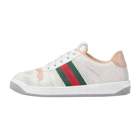 White perforated lace-up sneakers with green/red striped side detail and rubber sole