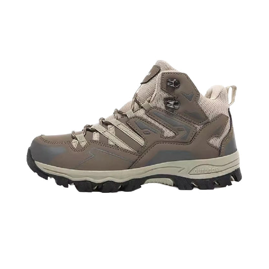 Tan winter hiking boots, lace-up high-top with padded collar and rugged tread sole